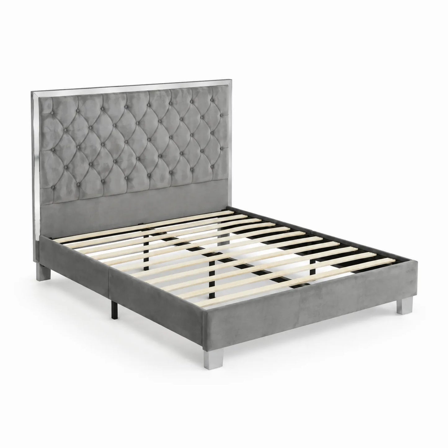 Cama tapizada en terciopelo gris con cabecero capitoné 200x150 cm