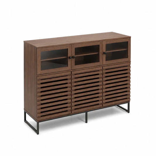 Aparador de Madera con Puertas de Vidrio Templado de 0.5 cm y Rejilla 120x40x80 cm
