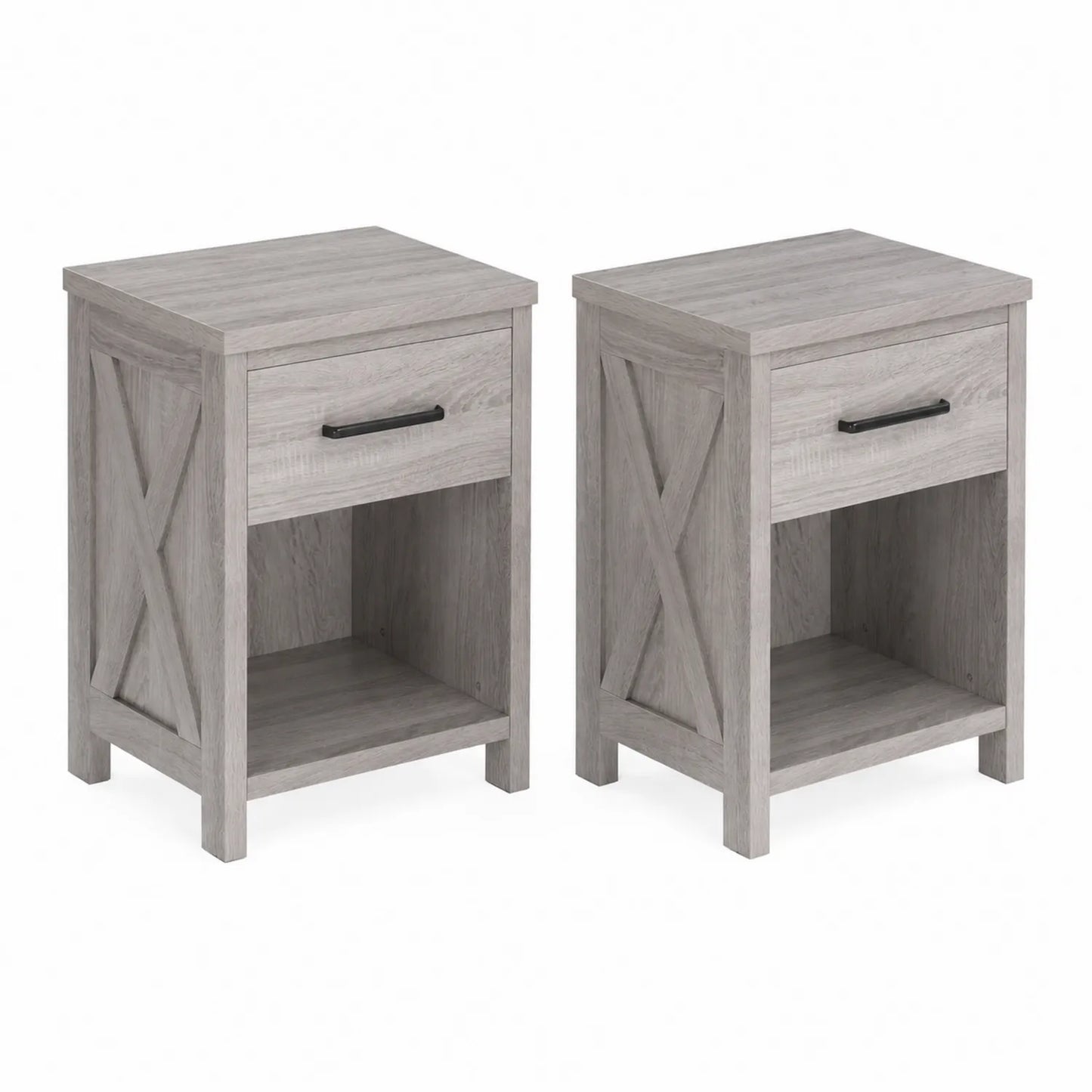 Juego de 2 mesitas de noche de madera gris con cajón y compartimento abierto