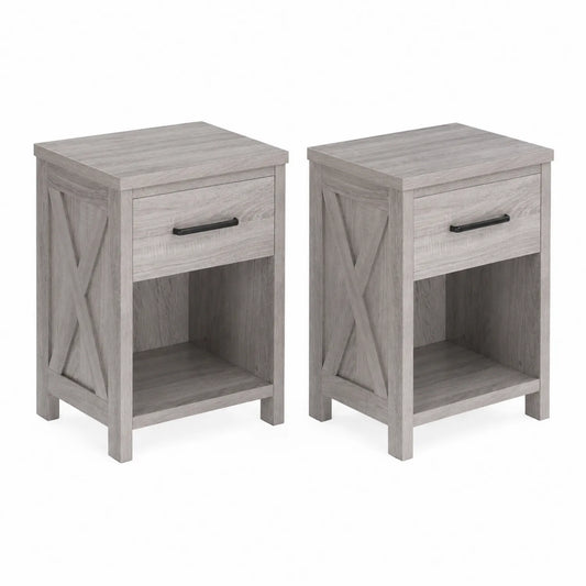 Juego de 2 mesitas de noche de madera gris con cajón y compartimento abierto