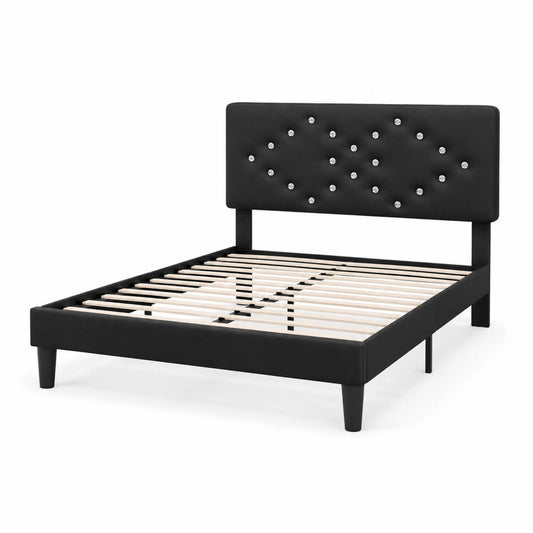 Cama doble de madera y piel sintética negra 200x160 cm