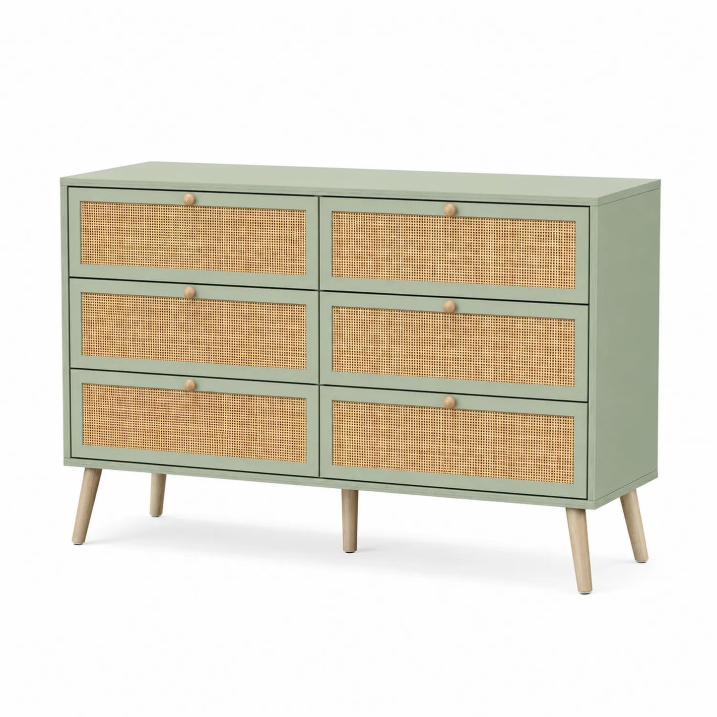 Cómoda de 6 cajones de MDF y ratán, verde