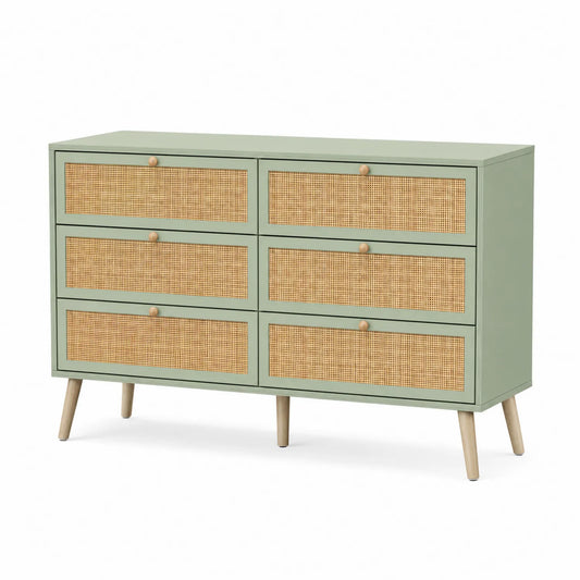Cómoda de 6 cajones de MDF y ratán, verde